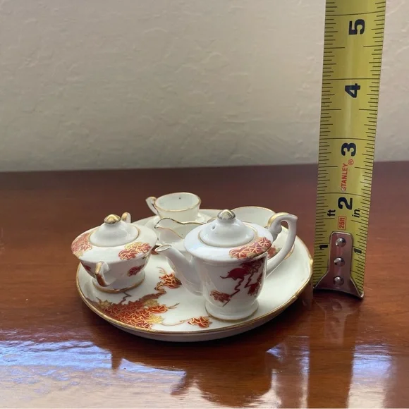 Vintage Porcelain Miniature Tea Set White Red Orange Yellow Gold Gilded Maple - Picture 12 of 12